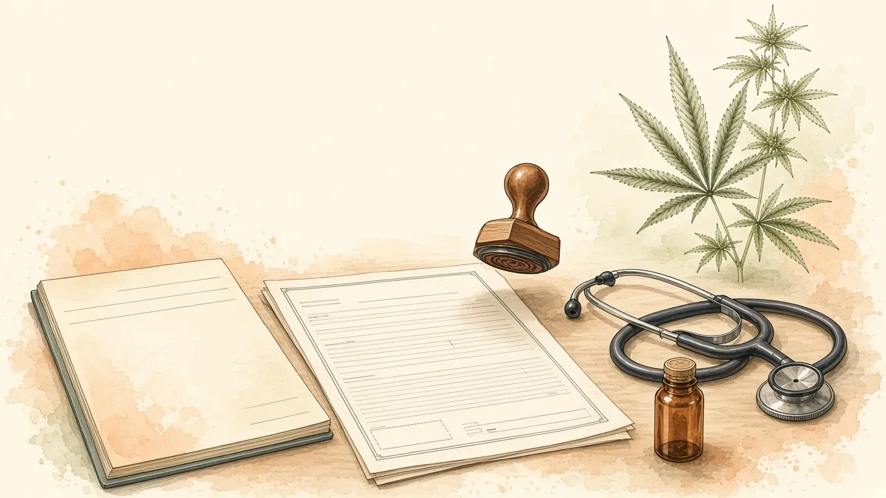 Autorizar x prescrever Ilustração editorial de carimbo sobre documento ao lado de receituário e estetoscópio, sem pessoas.