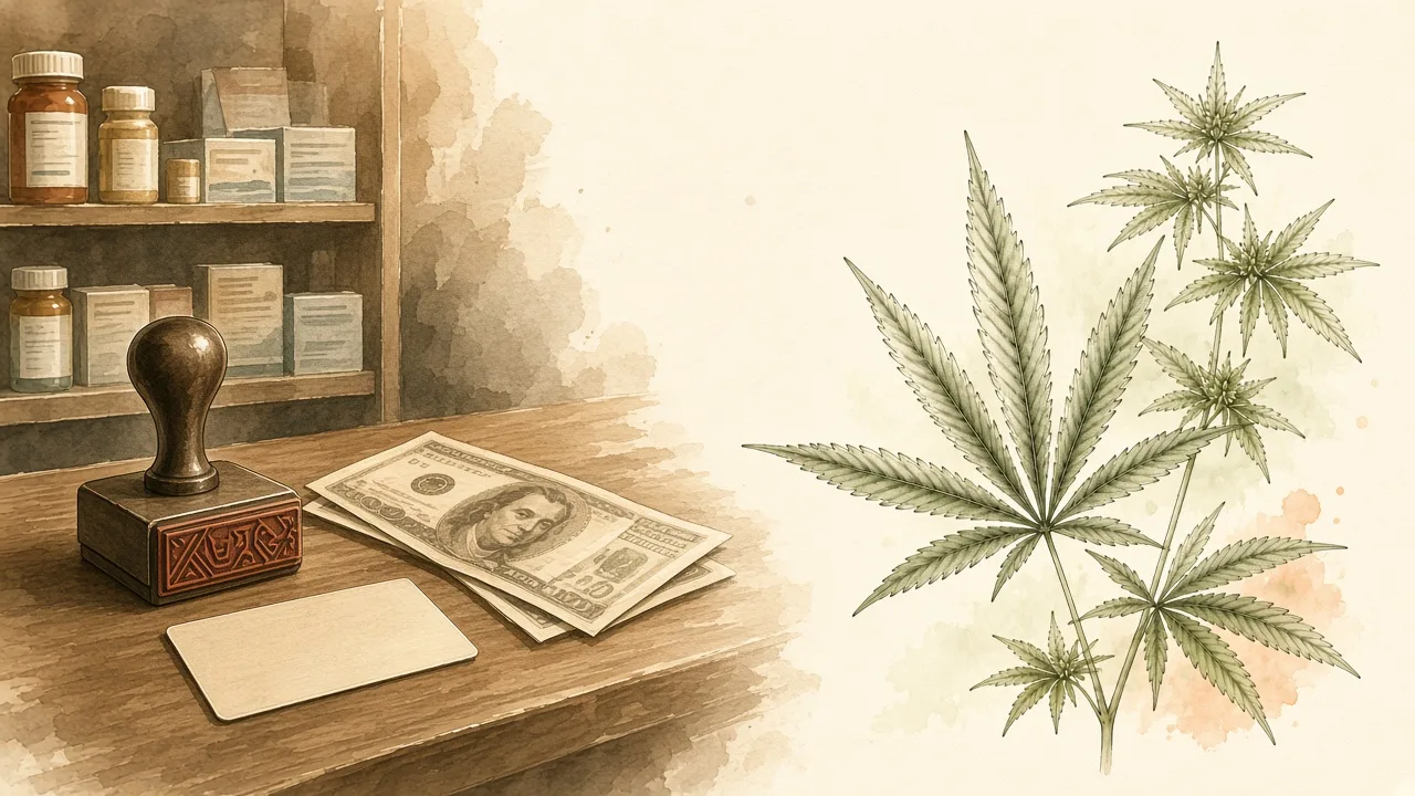 Fora do escopo Ilustração editorial de carimbo institucional ao lado de cédulas, prateleira e cartão genérico, sem marcas.