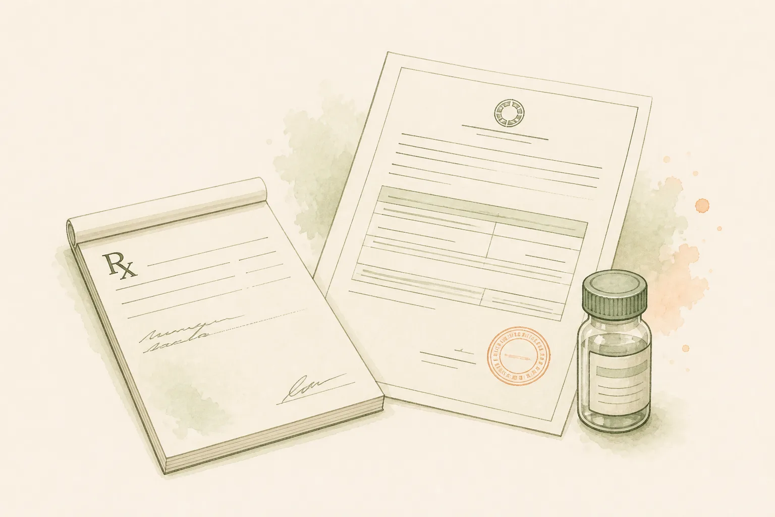 Três objetos separados sobre uma mesa: bloco de receita médica, formulário com carimbo de autorização e frasco de medicamento.