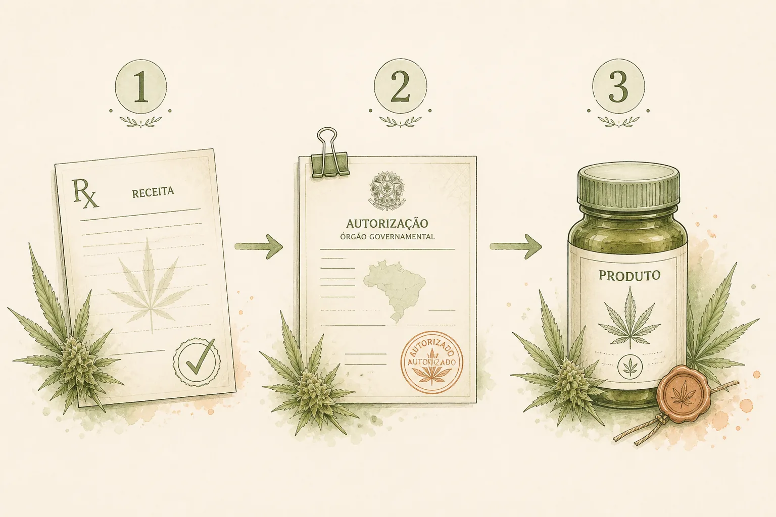 Diagrama em três etapas numeradas: receita médica, autorização com carimbo e frasco do produto.