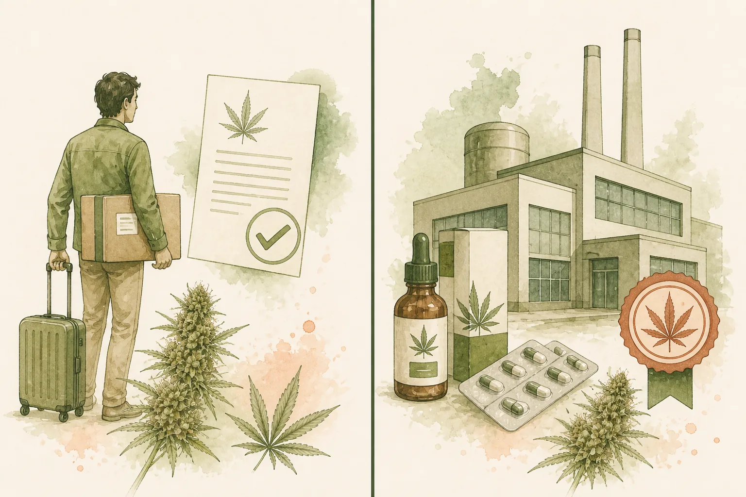 Comparativo em duas metades: à esquerda pessoa com mala e documento de importação; à direita fábrica e produtos com selo sanitário.