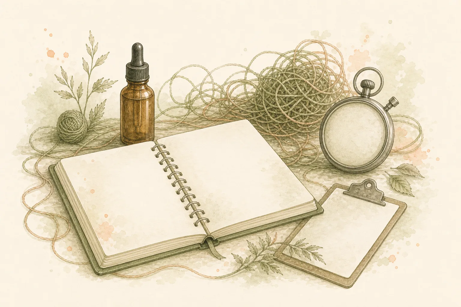 Evidência e cannabis na fibromialgia Still-life editorial com frasco conta-gotas âmbar, caderno aberto e frasco de laboratório sobre papel creme