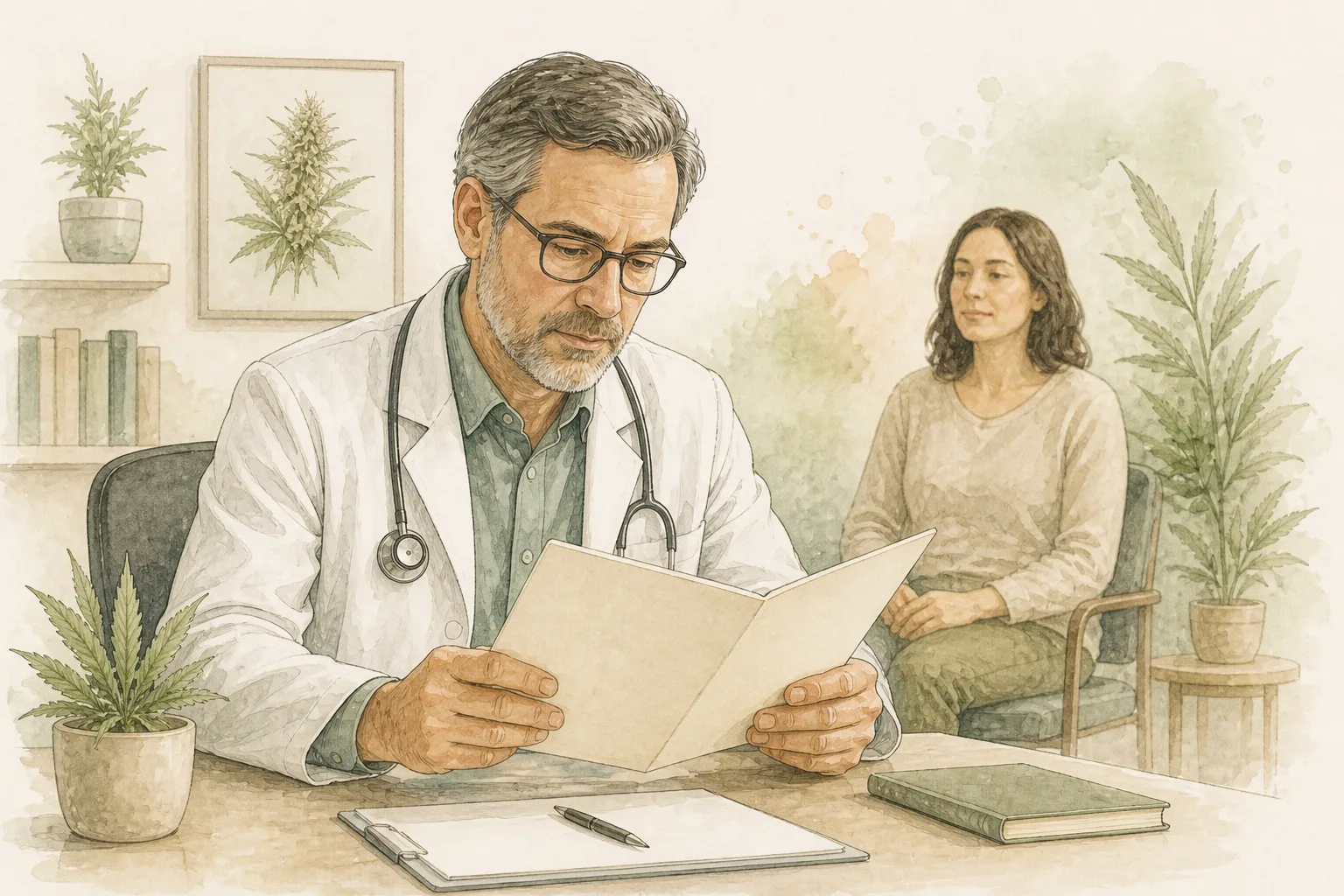 Médico lendo documento com atenção em uma mesa de consultório, paciente ao fundo desfocado esperando, ambiente clínico simples.