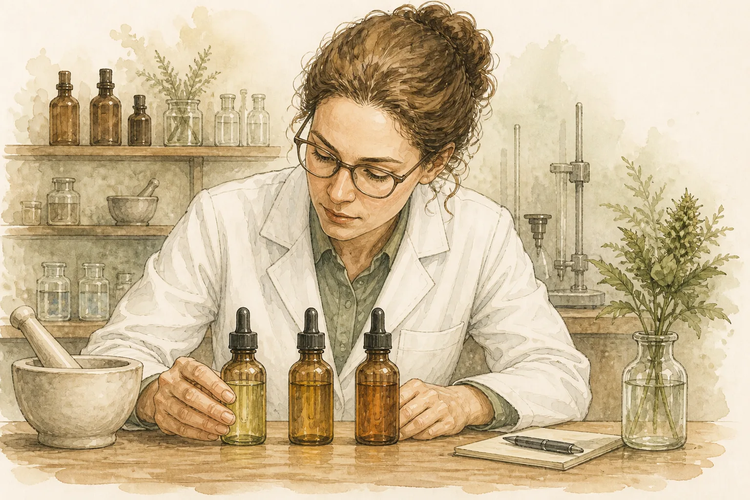 Farmacêutico organizando três frascos diferentes de óleo em uma bancada, comparando rótulos, sem texto legível nos rótulos.