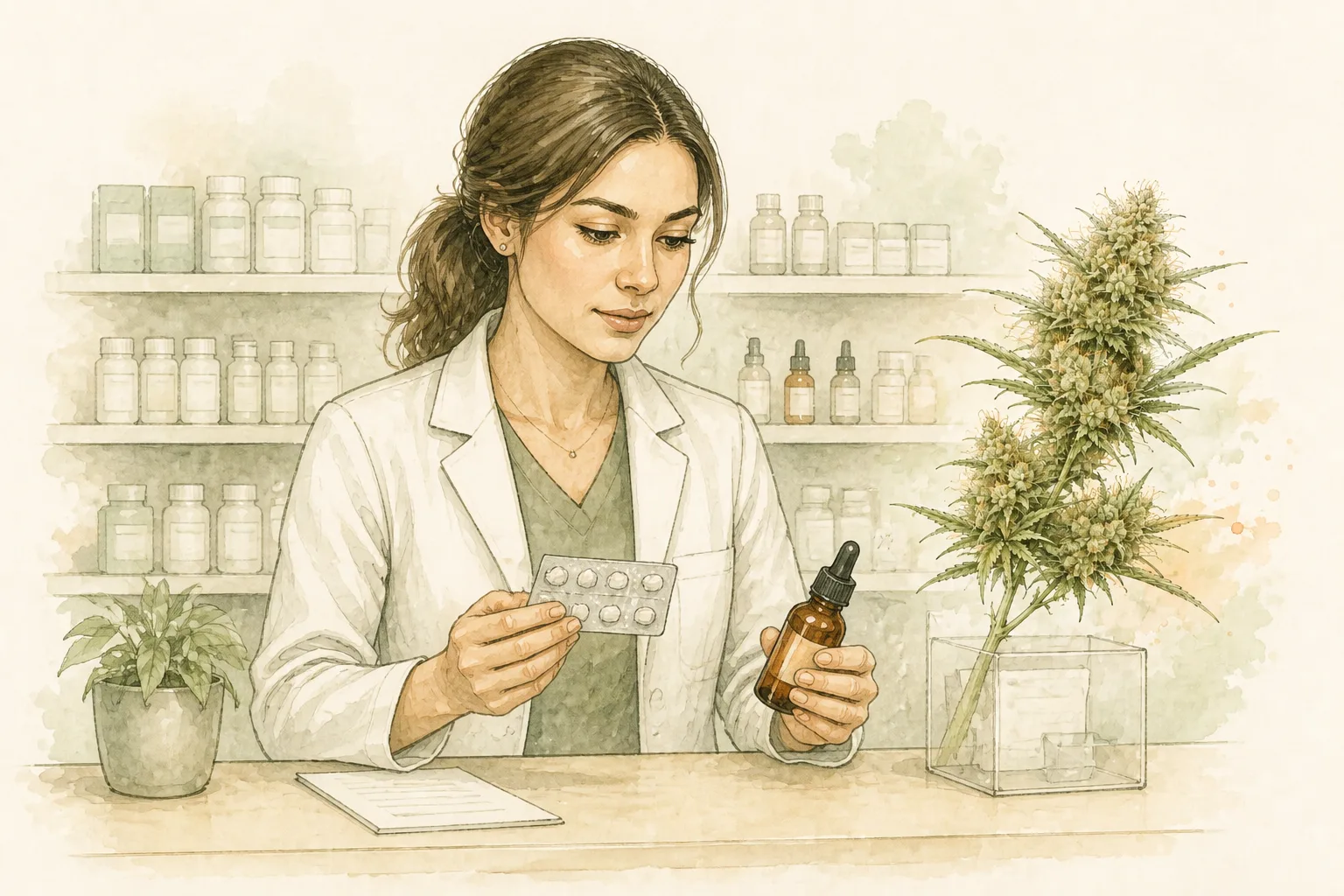 Farmacêutica conferindo uma cartela de medicamentos e um frasco de óleo lado a lado sobre o balcão, checando compatibilidade.
