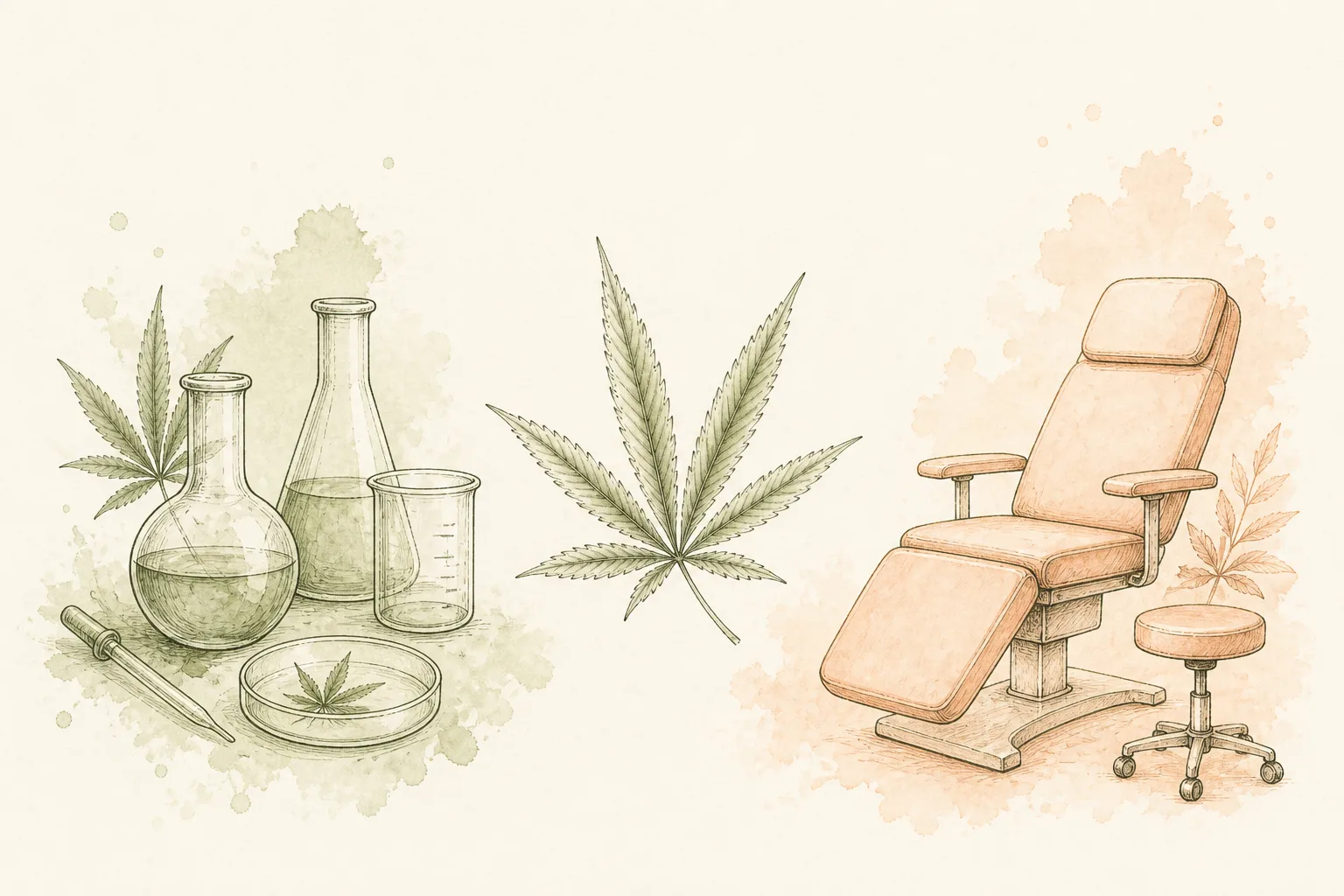 Pesquisa pré-clínica não é o mesmo que tratamento Ilustração dividida em duas metades: de um lado, tubos de ensaio e uma placa de laboratório; do outro, um ambiente clínico simples com uma mesa de exame, representando a distância entre pesquisa pré-clínica e prática em pacientes.