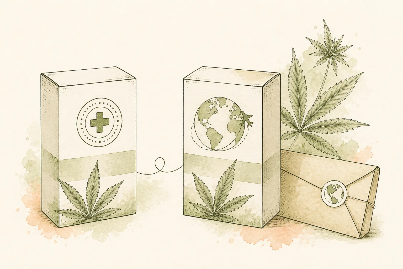 Duas vias de acesso à cannabis medicinal Ilustração de duas embalagens de medicamento distintas lado a lado, uma com selo circular sugerindo autorização sanitária e outra com um envelope de importação, representando as duas vias de acesso à cannabis medicinal.