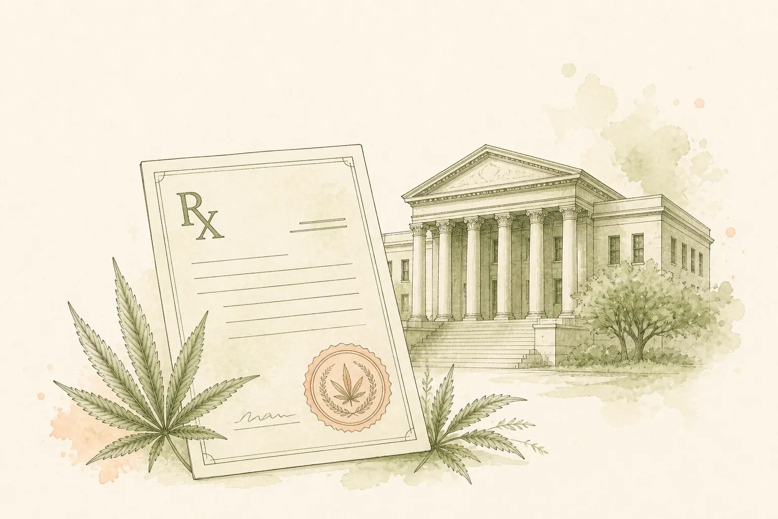 O fluxo regulatório de acesso no Brasil Ilustração plana de um documento estilizado tipo receita/formulário ao lado de um ícone de prédio institucional simplificado, sugerindo o trâmite regulatório de autorização sanitária, em paleta terrosa e traço orgânico.