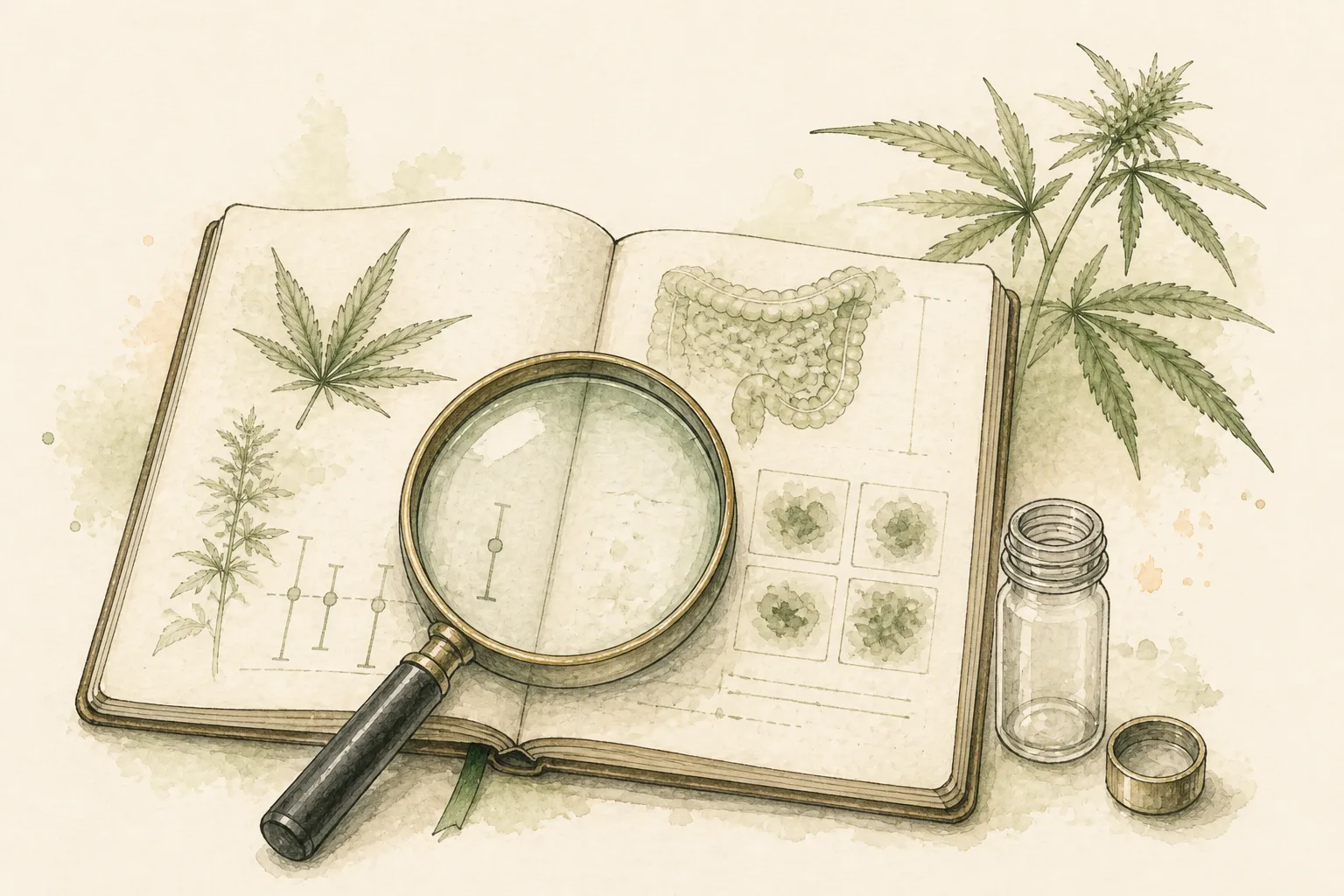 Ilustração científica com caderno aberto, lupa e frasco vazio