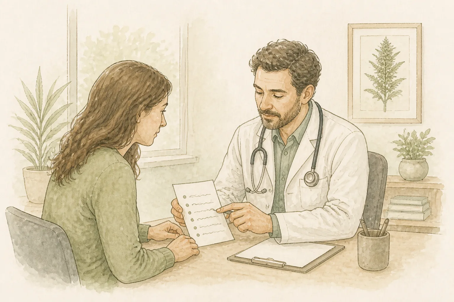 Consulta de acompanhamento: médico e paciente discutem diário de dor sobre a mesa.