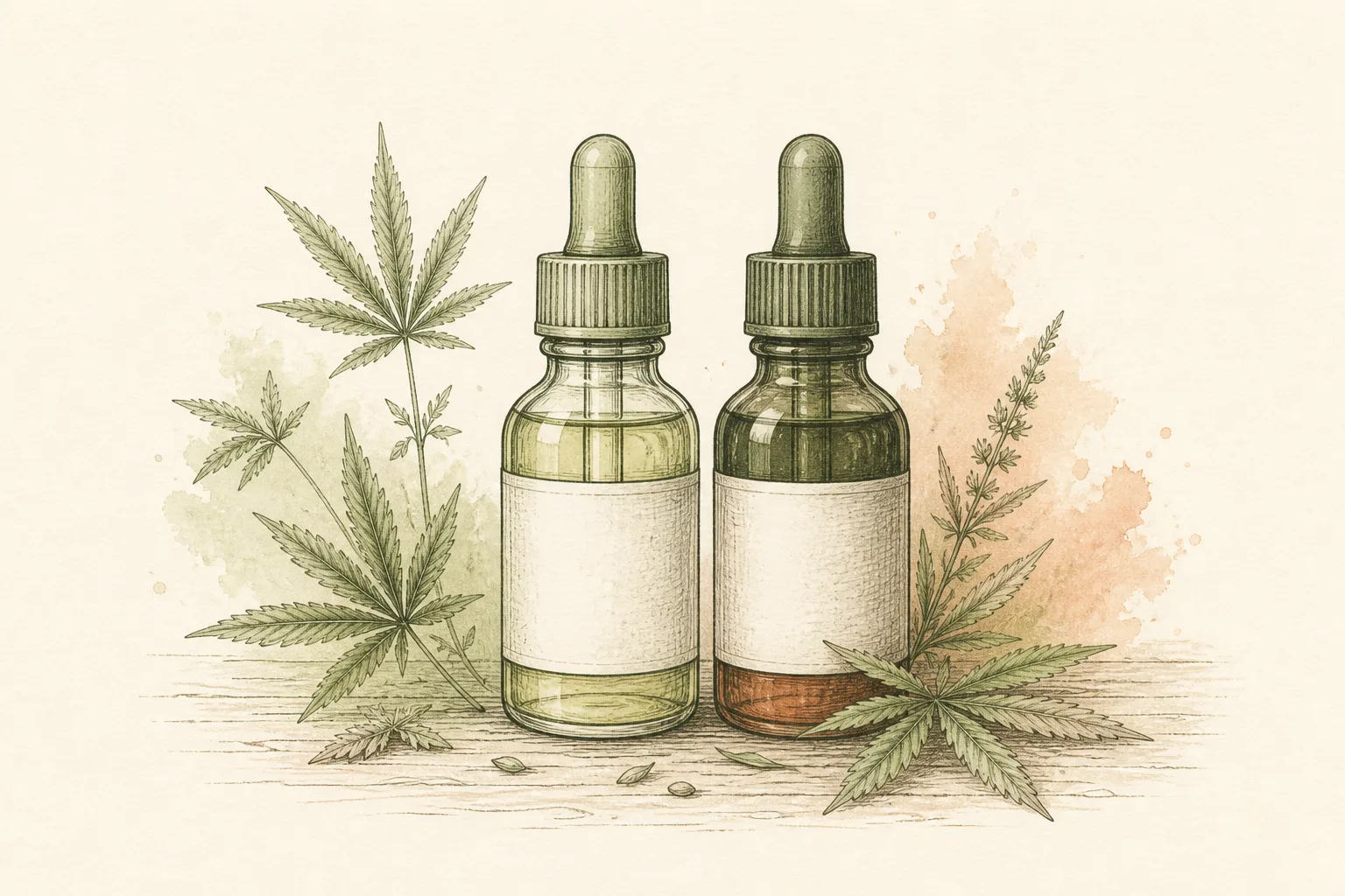 Ilustração em nanquim e aquarela de dois frascos de vidro lado a lado sobre mesa de madeira, sugerindo produtos distintos, sem texto legível.