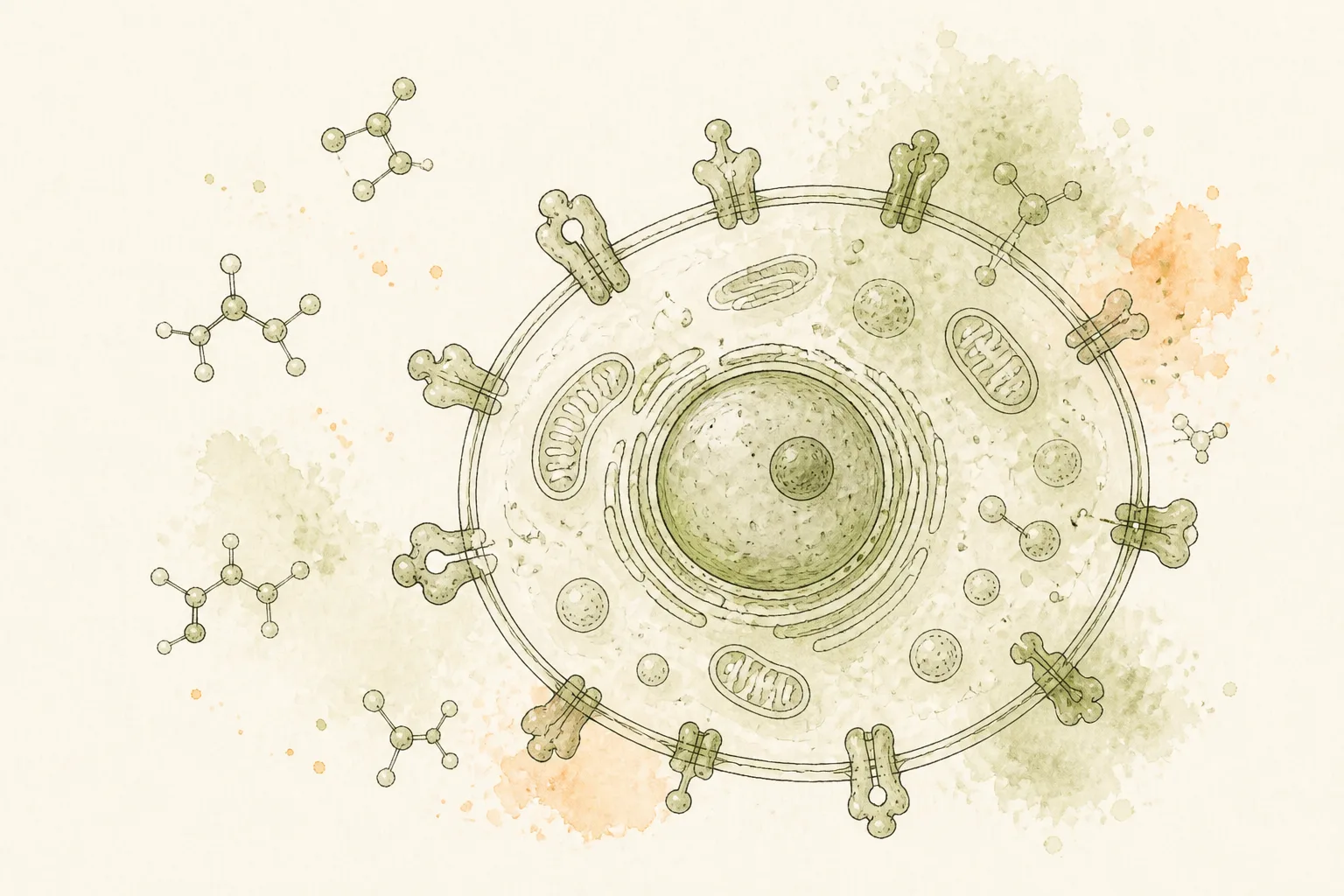 Ilustração científica em nanquim e aquarela de uma célula estilizada com receptores em sua membrana, em tons verdes e terrosos sobre fundo bege claro.