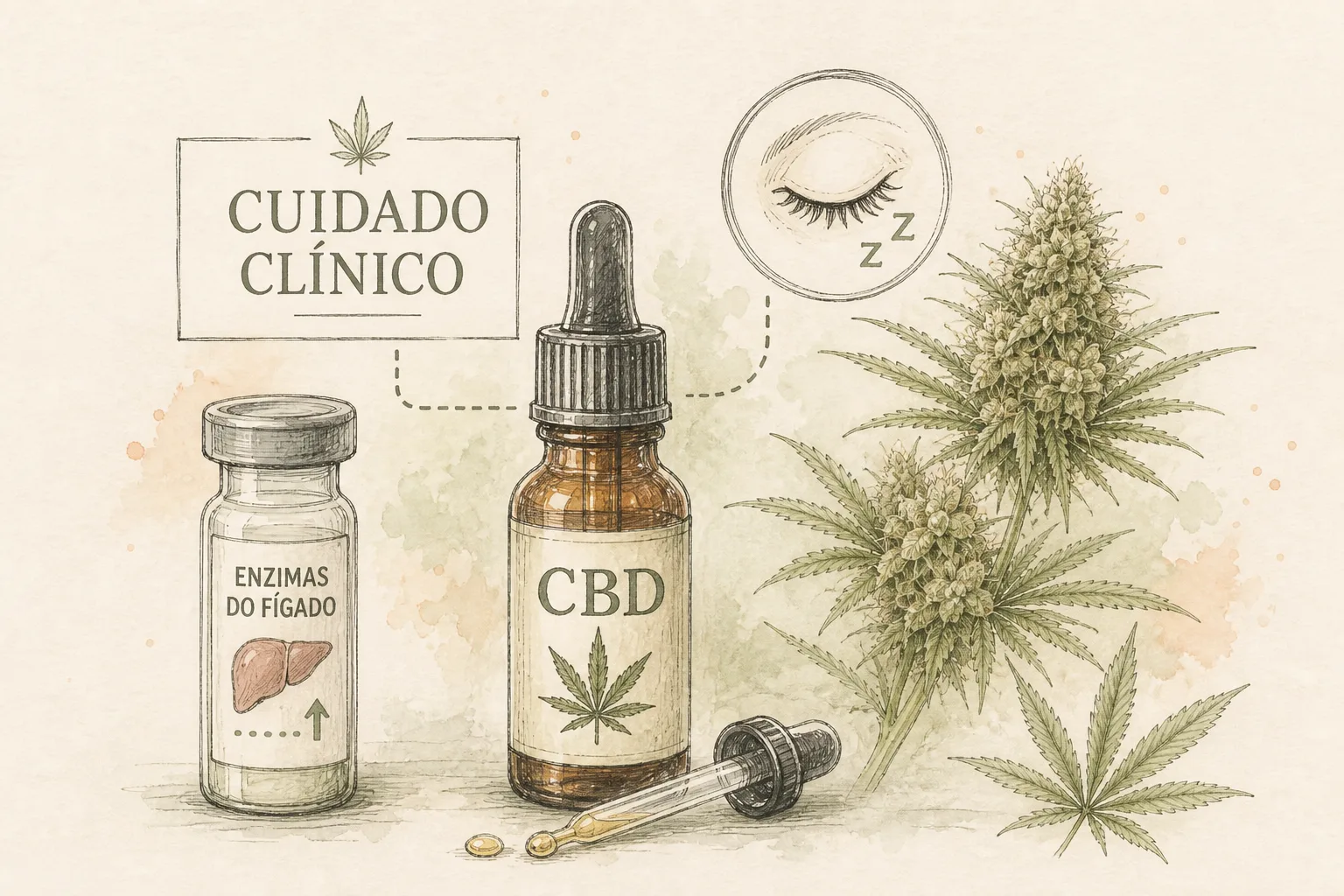 Ilustração com frasco CBD, comprimido rotulado CLOBAZAM, ícone de fígado e alerta de sonolência em selo pt-BR.