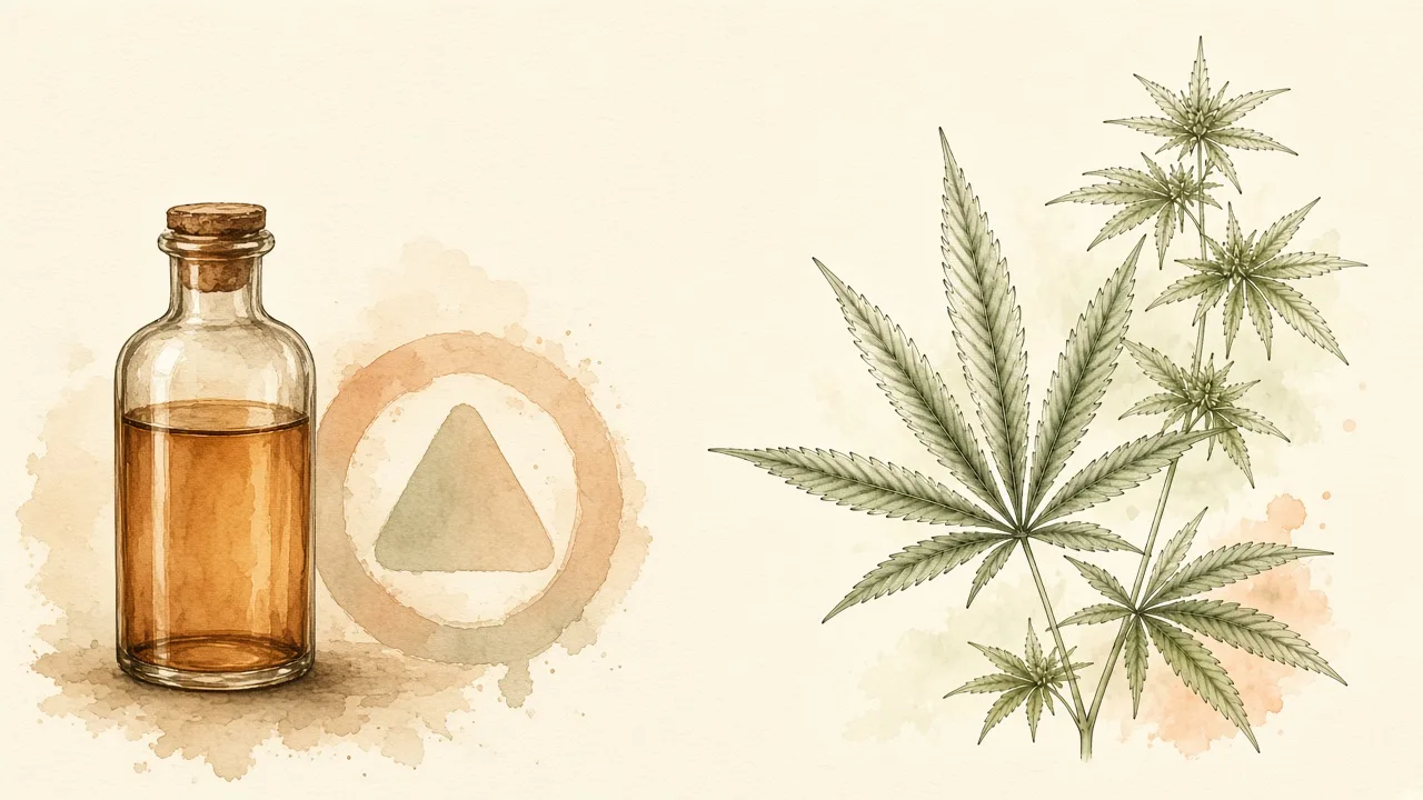 Ilustração editorial de frasco genérico e símbolo de advertência suave, sem texto legível.