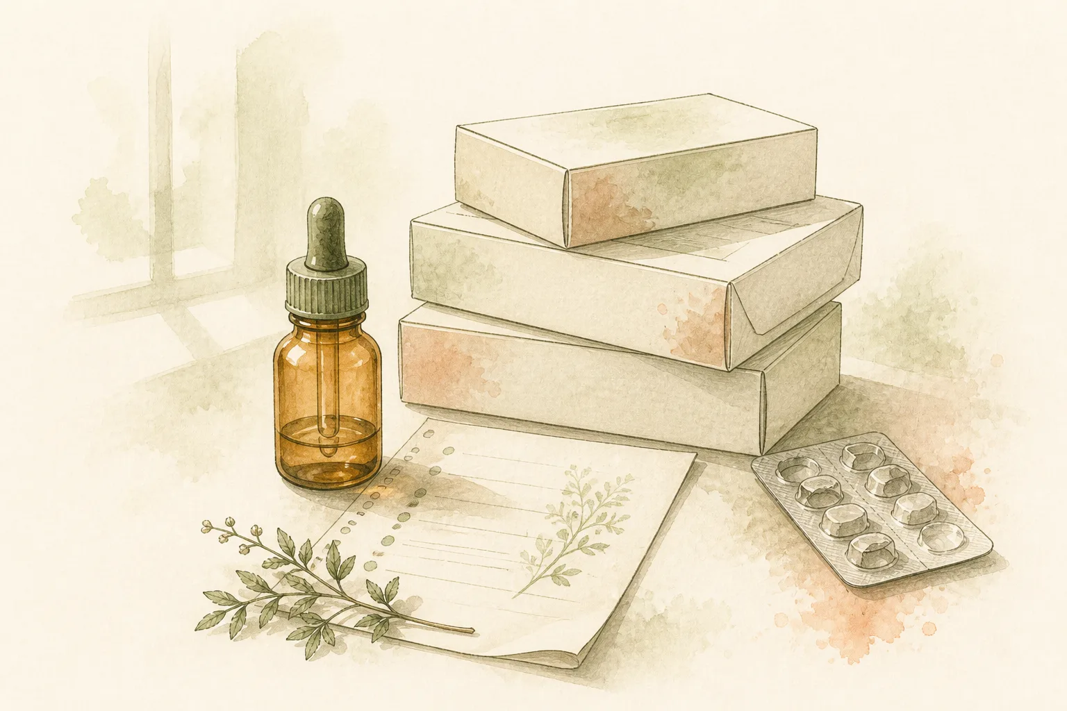 Polifarmácia e cannabis medicinal Still-life editorial com frasco conta-gotas, caixas de medicamento, blister e lista manuscrita em papel creme