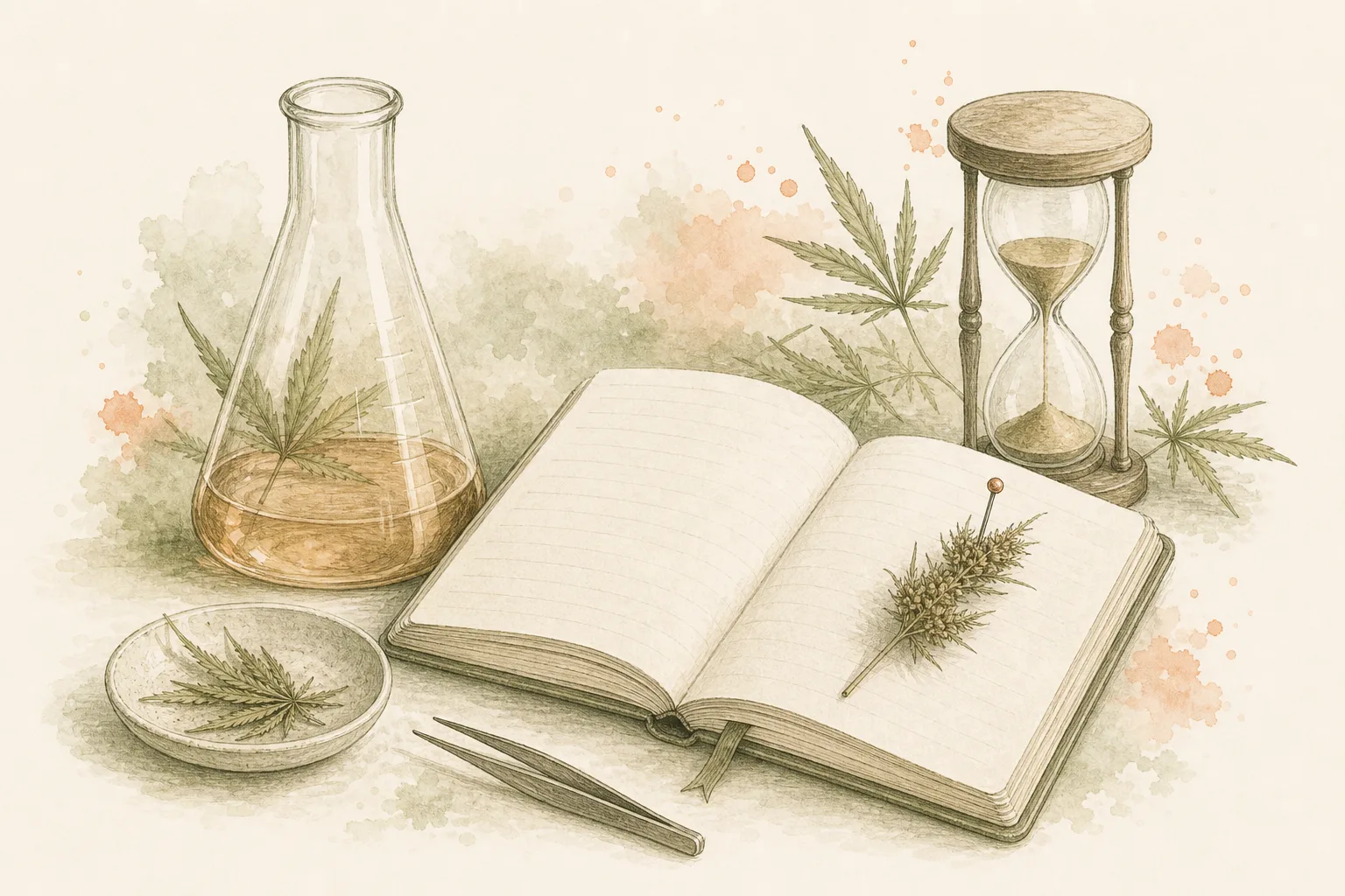 Farmacocinética e idade Ilustração científica com frasco âmbar, ampulheta e caderno aberto com espécime botânico