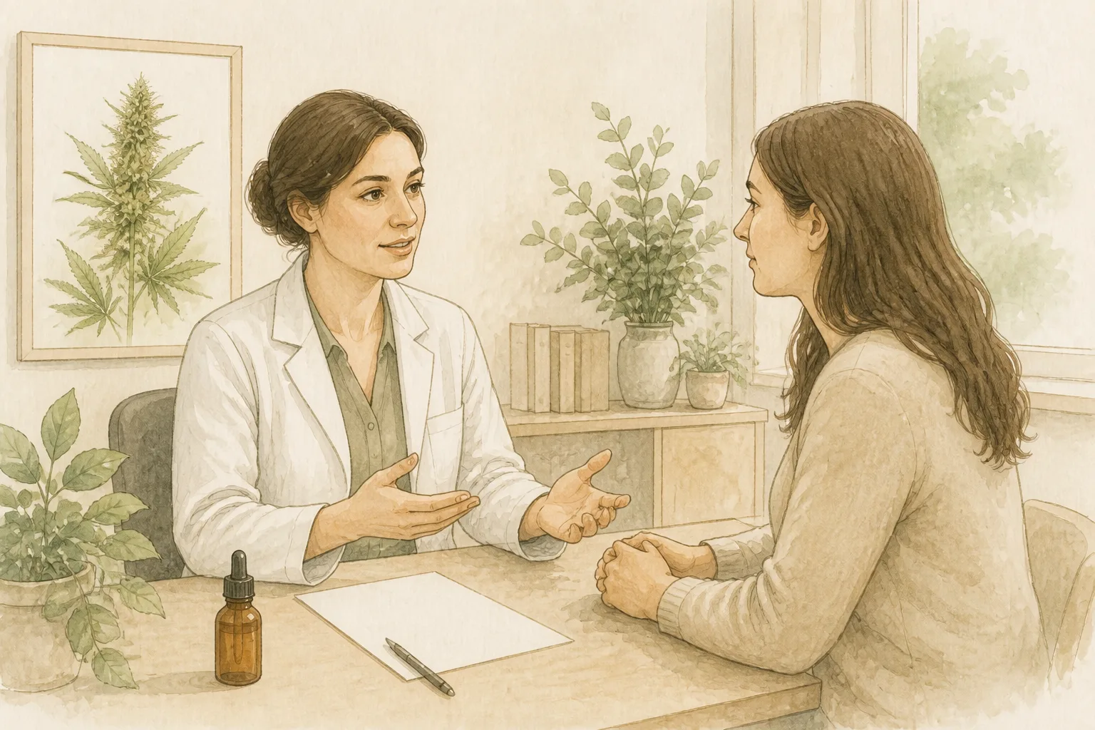 Avaliação médica e cannabis Médica e paciente conversando em consultório, com receita e frasco de óleo de cannabis sobre a mesa entre os dois.