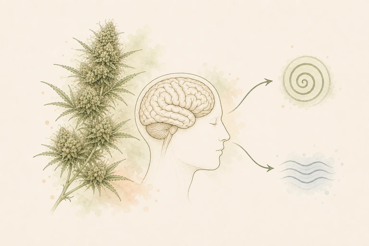 Hipóteses sobre CBD e sono Ilustração conceitual mostrando um cérebro estilizado com duas setas divergentes, uma ligada a um símbolo de calma/ansiedade reduzida e outra a ondas de sono, em estilo botânico-científico discreto.