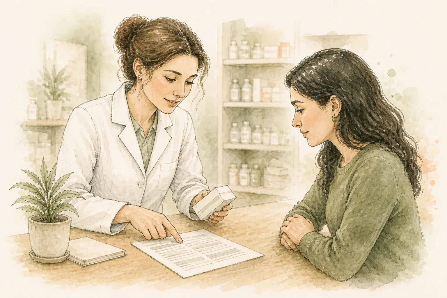Autorização sanitária não é cobertura Farmacêutico mostra uma caixa de produto a um paciente sentado, enquanto aponta para um documento sobre a mesa, em um consultório ou balcão de atendimento.