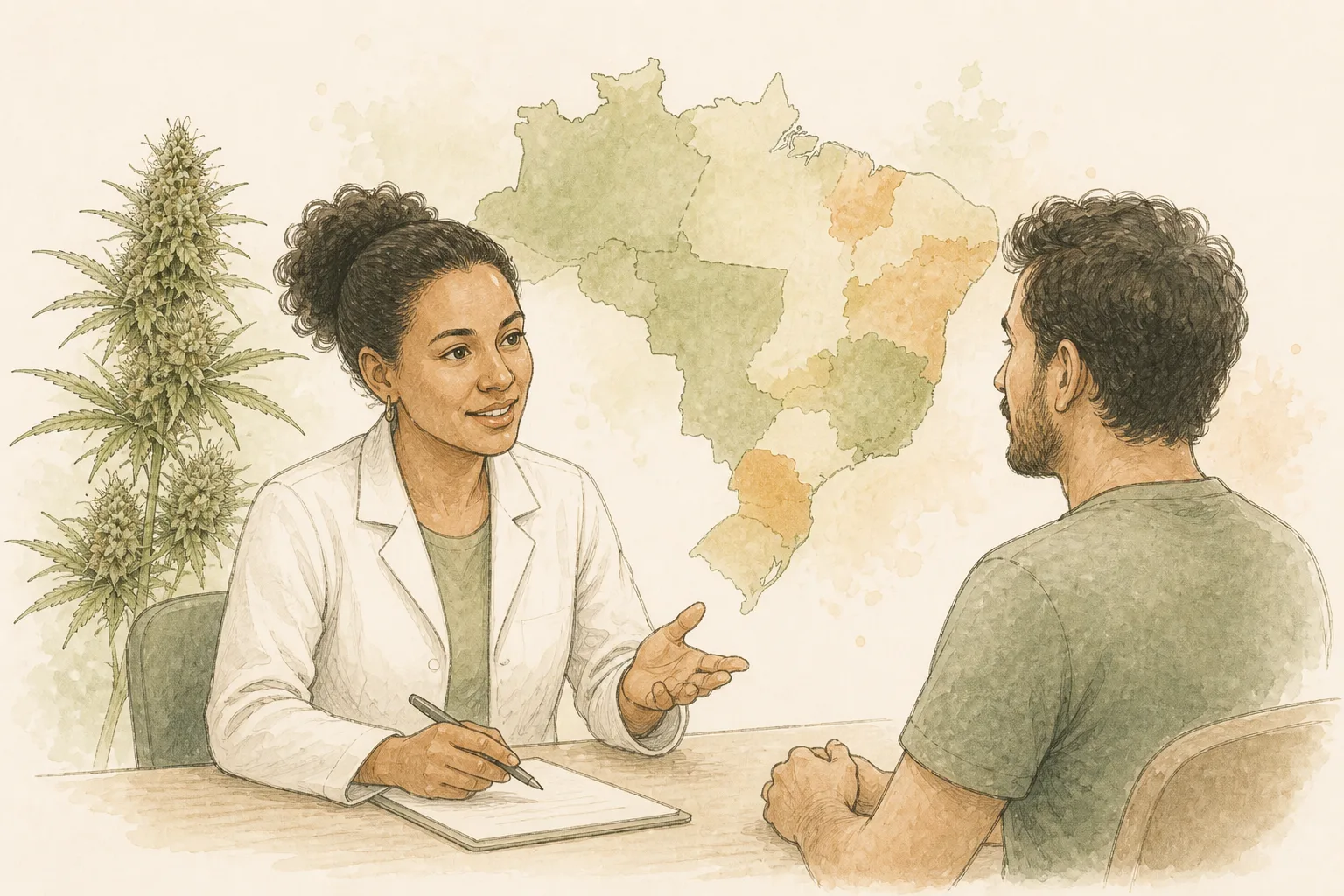 Cobertura estadual, não nacional Atendente de posto de saúde conversa com um paciente em uma sala simples, com um mapa esquemático do Brasil ao fundo sugerindo cobertura desigual entre regiões.