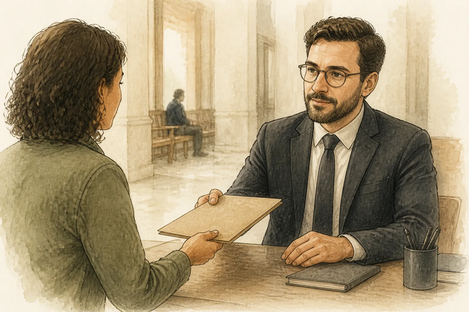 A via judicial como caminho de exceção Pessoa entrega uma pasta de documentos a um advogado ou defensor público em um corredor de prédio público, ambiente sóbrio e neutro.
