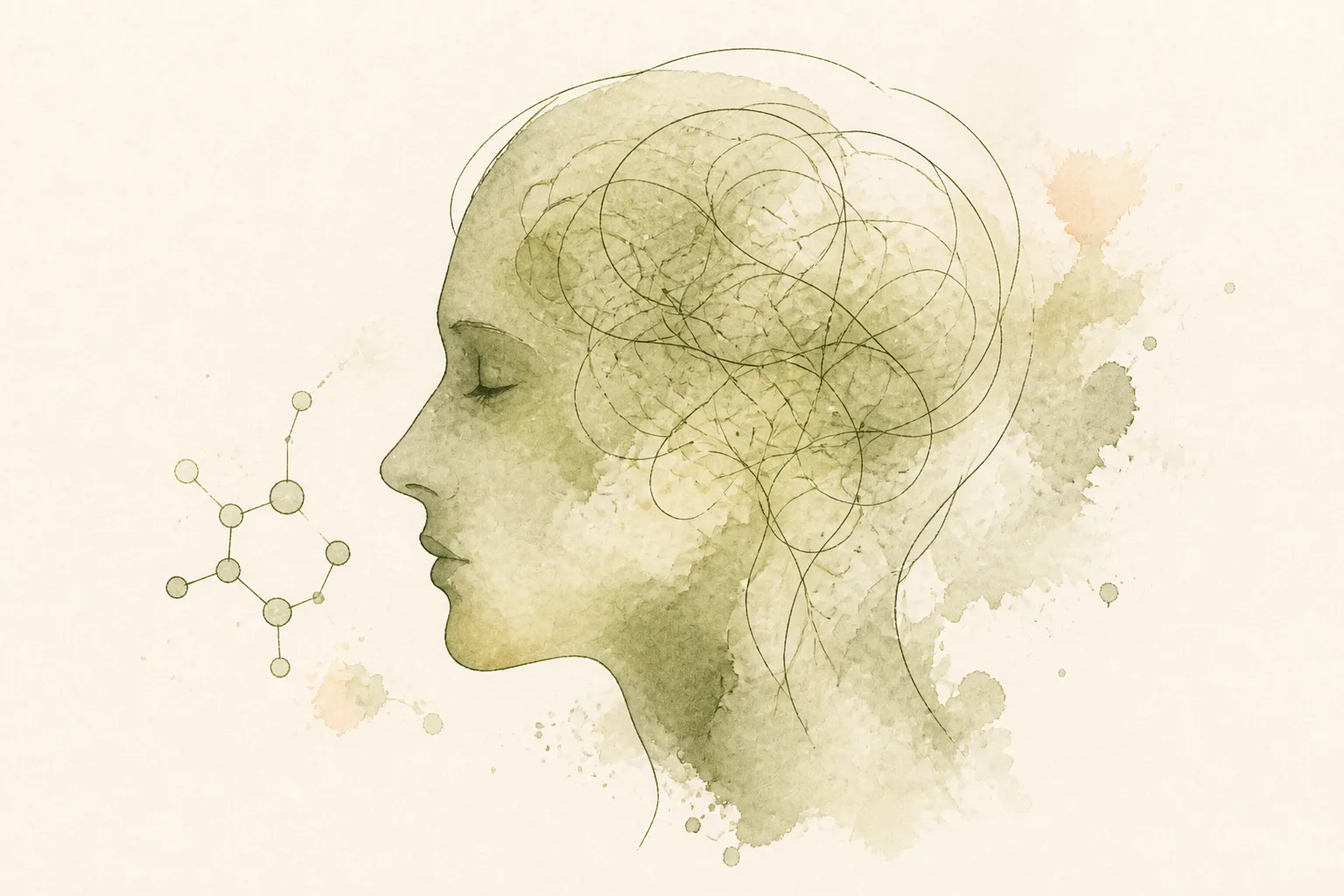 Hipótese mecanística, não prova Ilustração em nanquim e aquarela de um perfil de cabeça estilizado com linhas sugerindo vias neurais, ao lado de um esboço de molécula, sobre fundo bege claro.