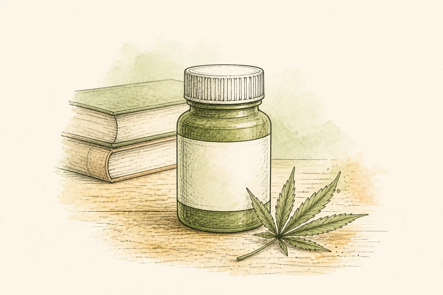 O que já tem décadas de evidência Ilustração em nanquim e aquarela de um frasco de medicamento ao lado de uma pequena folha de cannabis sobre uma mesa, com livros ao fundo.