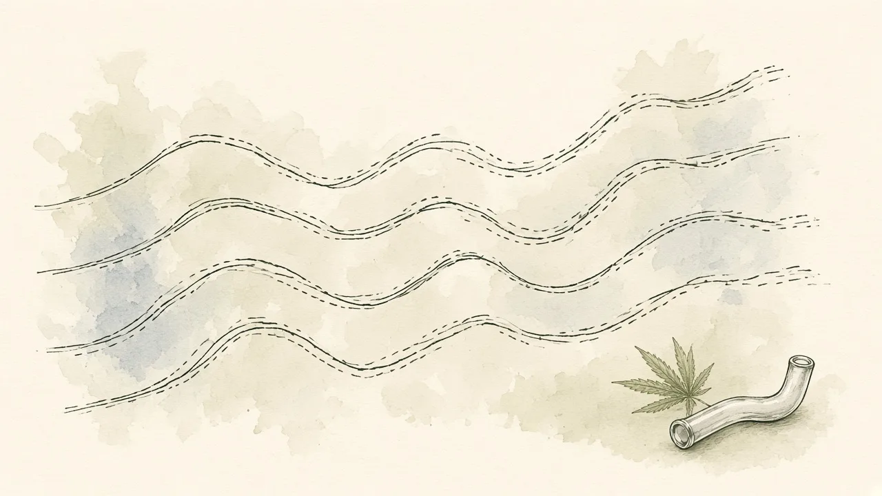 O ensaio que não separou cannabis do placebo Ilustração em nanquim e aquarela de quatro linhas onduladas paralelas descendo lado a lado, sugerindo redução similar de sintomas em quatro grupos de um ensaio clínico.