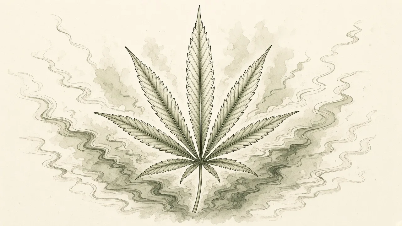 Quando a vulnerabilidade muda o cálculo Ilustração em nanquim e aquarela de uma folha de cannabis cujas nervuras se dissolvem em linhas fragmentadas, sugerindo instabilidade sem cena de crise.