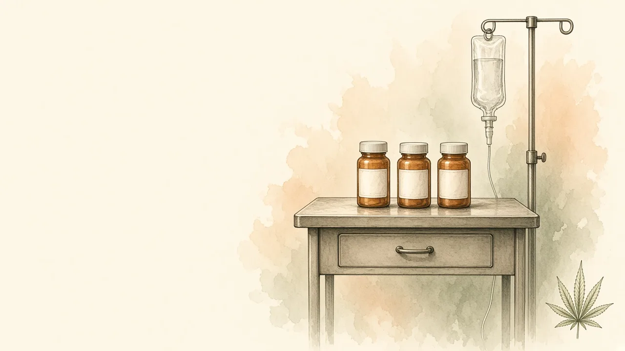 Protocolo antiemético Ilustração editorial de mesa clínica com suporte de soro e três frascos genéricos, folha de cannabis discreta ao fundo.