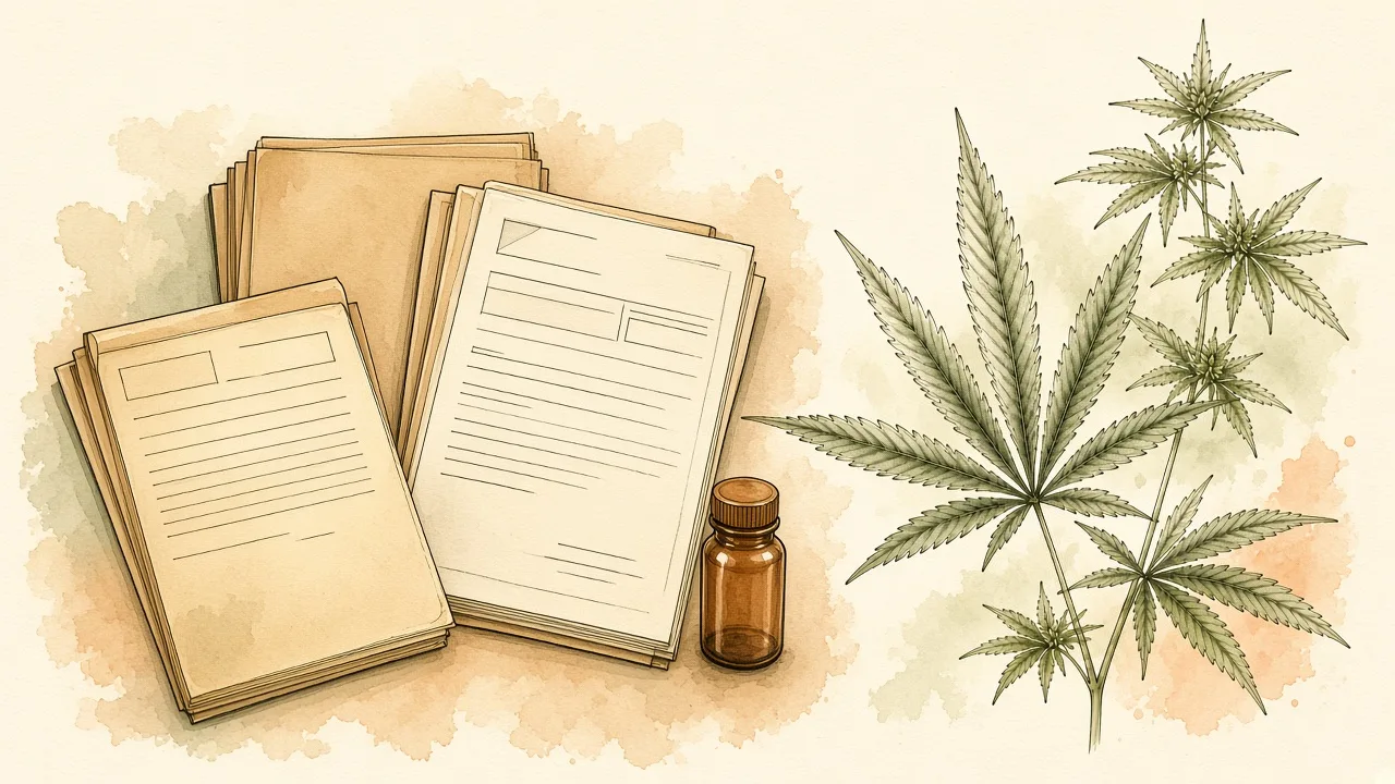 Regulação no Brasil Ilustração editorial de documentos administrativos e frasco genérico sobre mesa, sem logos.
