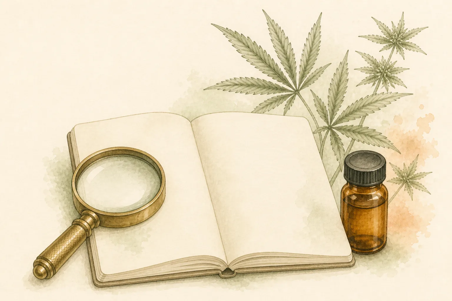 Ilustração científica com caderno aberto, lupa e frasco âmbar