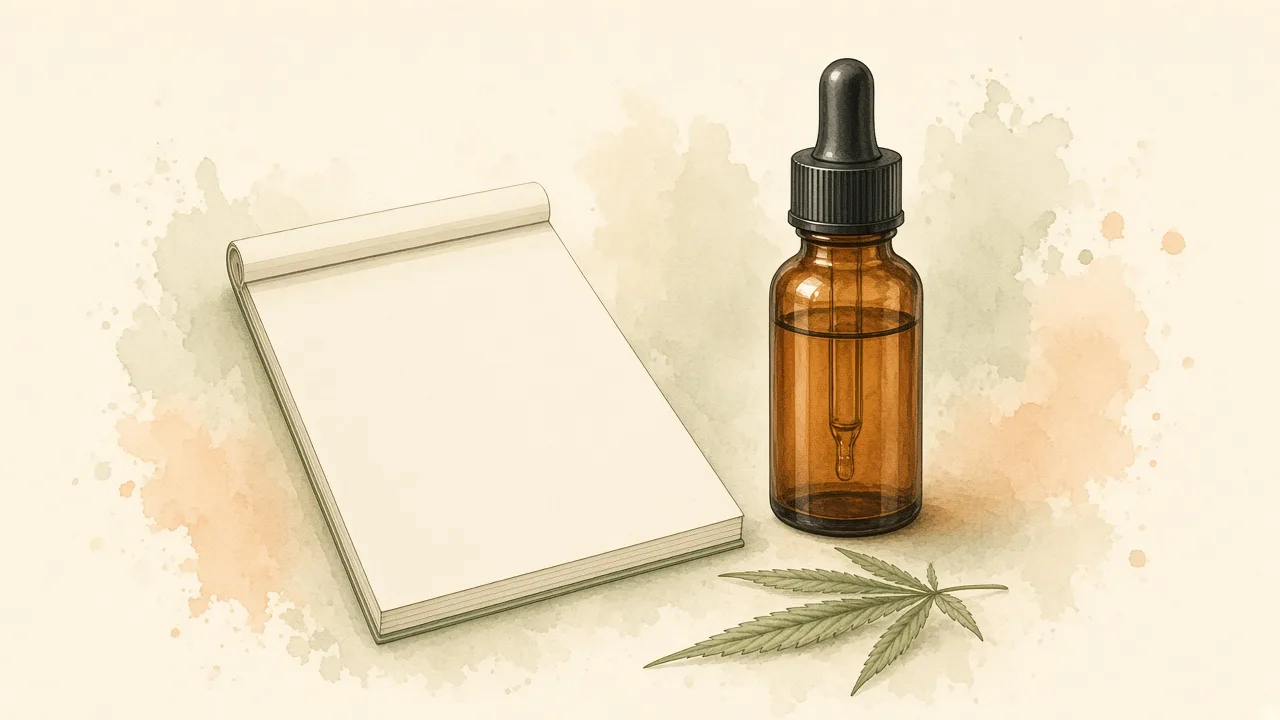 CBD e enxaqueca Still-life editorial com frasco conta-gotas âmbar e caderno aberto sobre papel creme