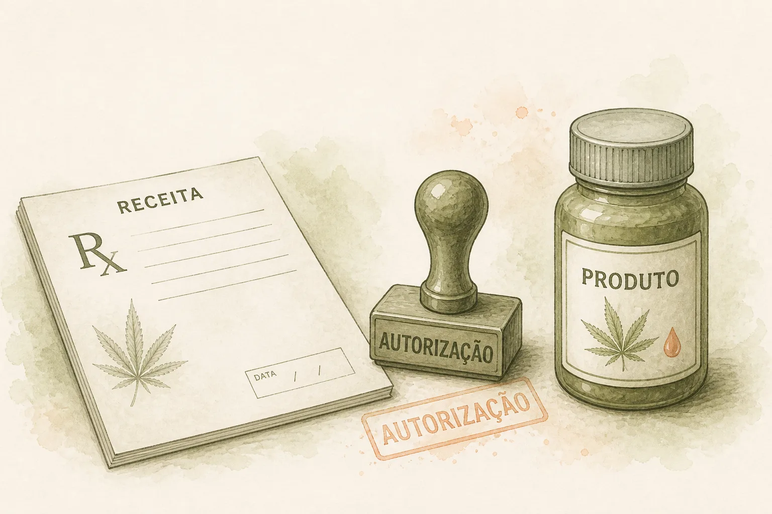 Consulta, receita e produto em ordem Consulta médica, receita e frasco alinhados em sequência sobre papel creme, com setas numeradas de um a três.
