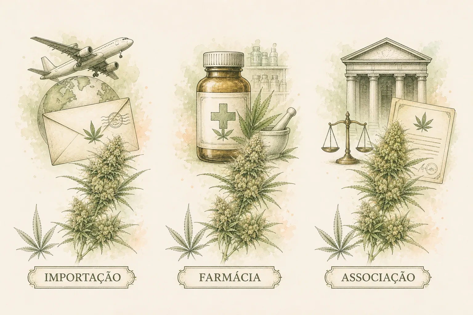 Três vias de acesso ao produto Tríptico editorial: envelope de importação com avião; frasco em farmácia com selo; tribunal e planta sob ordem judicial.
