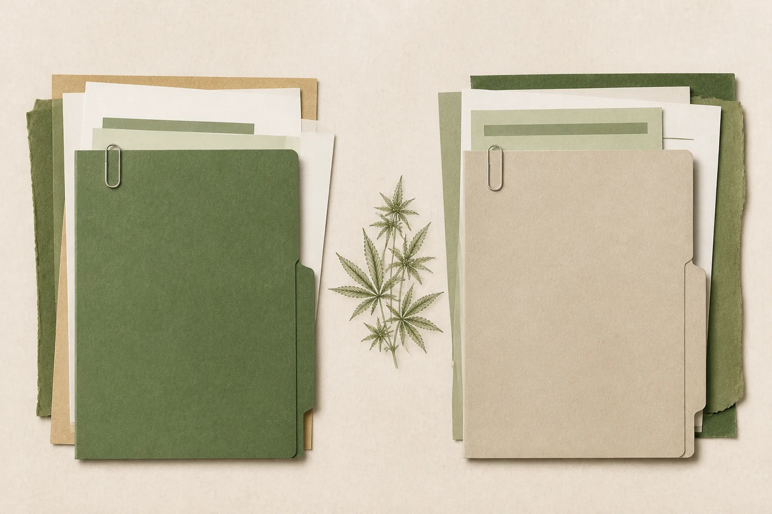 Ilustração editorial de dois envelopes ou pastas de documentos lado a lado, representando dois caminhos regulatórios diferentes, com um ícone discreto de folha de cannabis estilizada ao fundo.