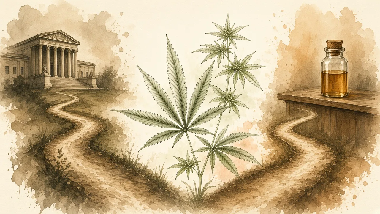 Ilustração editorial de duas trilhas: uma com balança estilizada, outra com frasco e receita, sem logos.