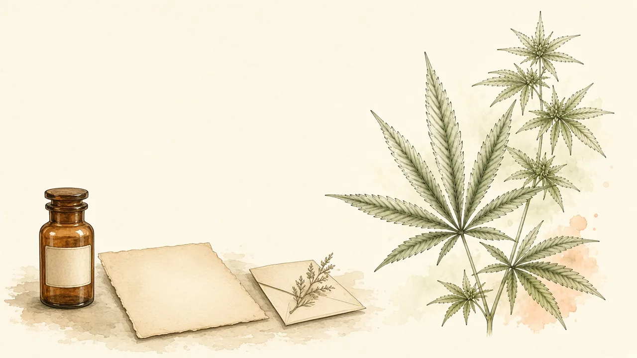Ilustração editorial de frasco rotulado e documento ao lado de uma pequena porção genérica em envelope, sem texto legível.