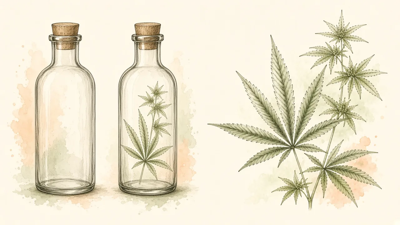 Isolado e extrato Ilustração editorial de dois frascos genéricos lado a lado, um mais simples e outro com folhas estilizadas, sem texto.