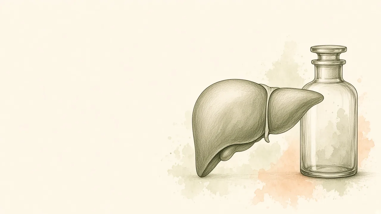 Enzimas e monitoramento Ilustração editorial estilizada de silhueta hepática e frasco, aquarela, sem texto clínico.