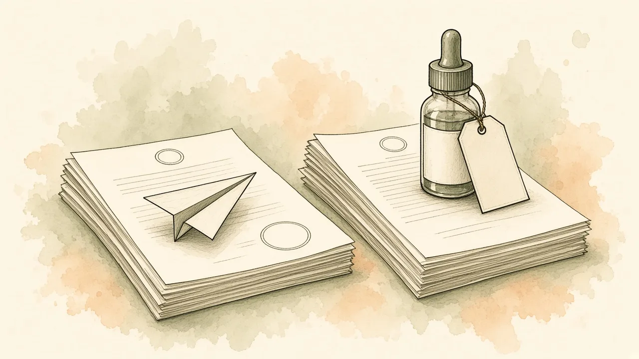 Dois caminhos legais, duas exigências diferentes Ilustração editorial de duas pastas de documentos lado a lado, uma sugerindo importação e outra produto nacional, sem texto legível.