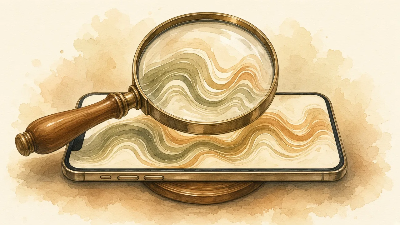 Verificar antes de confiar Ilustração editorial de uma lupa sobre um smartphone com print genérico, e um documento oficial estilizado ao fundo.