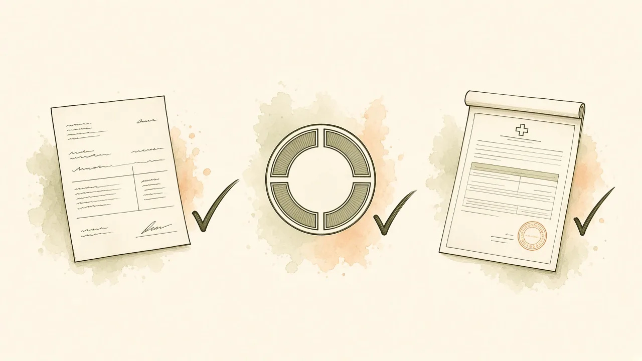 O que um canal legítimo nunca dispensa Ilustração editorial de três objetos estilizados sugerindo nota fiscal, selo de empresa e receita médica, como checklist sem texto legível.