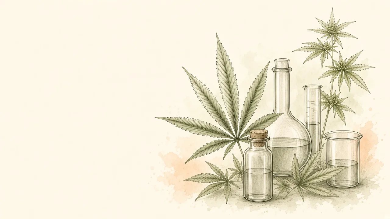 Ilustração editorial de vidraria genérica e frasco sem rótulo legível, tom sóbrio.