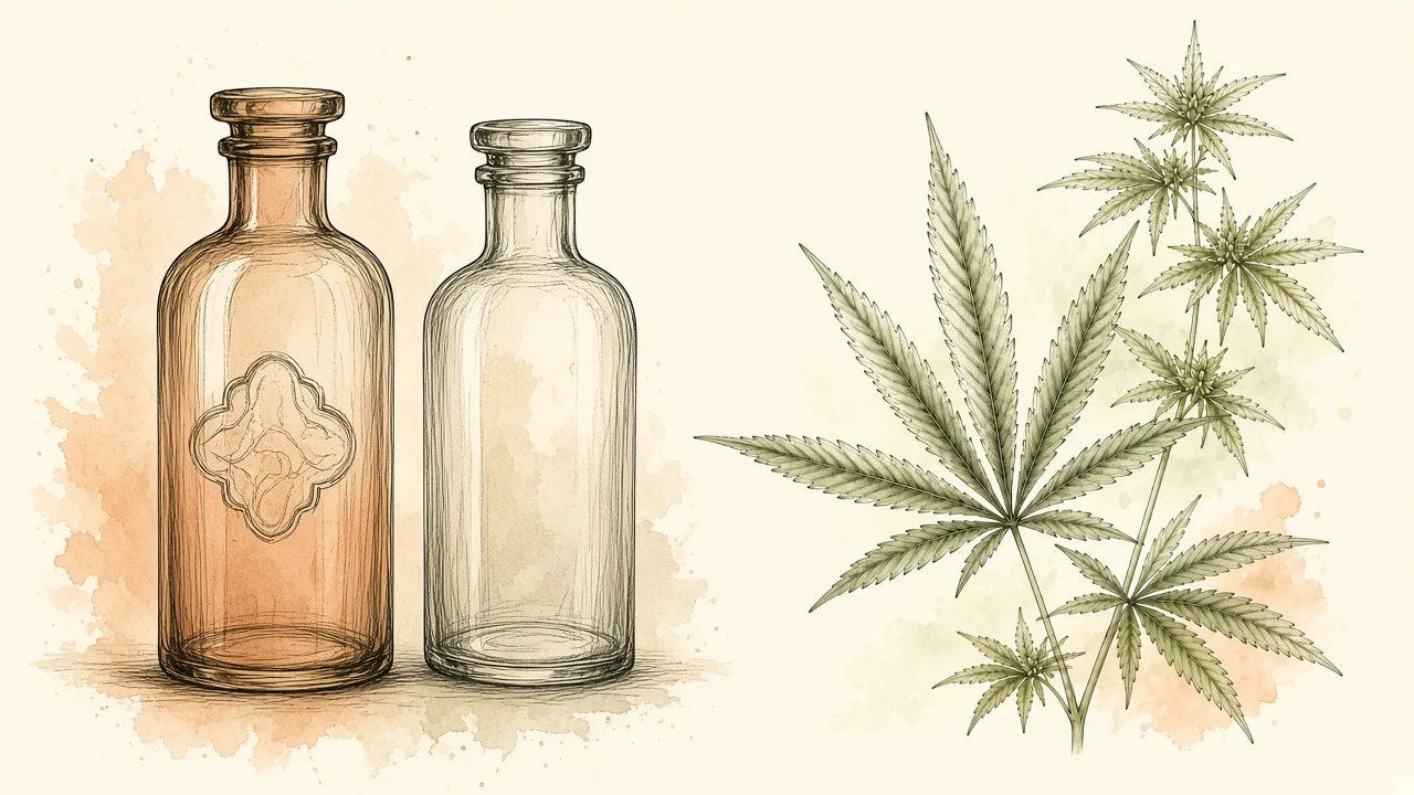 Ilustração editorial de dois frascos, um com selo genérico rasurado, outro limpo, sem marcas.