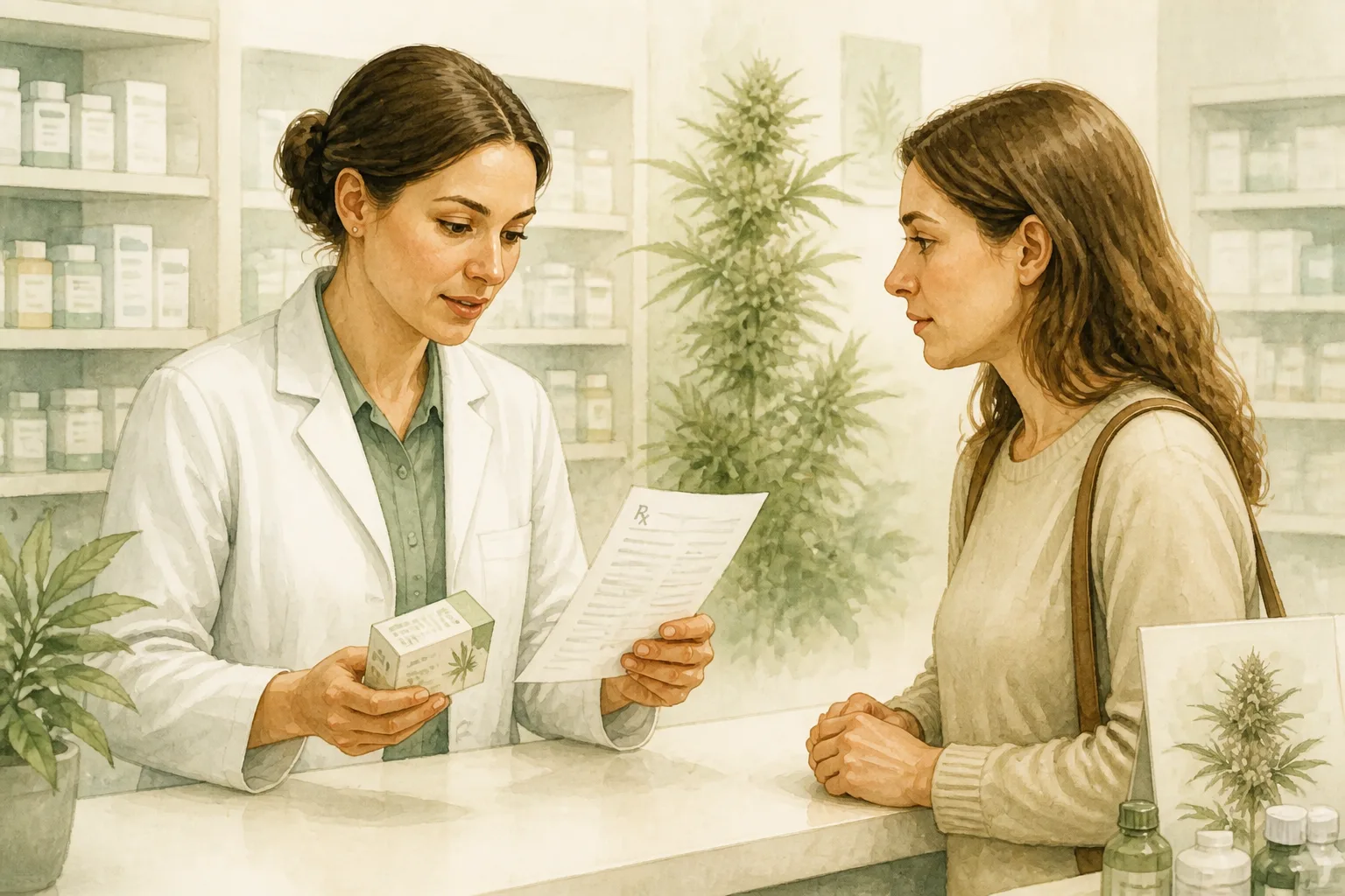 Farmacêutico conversando com paciente no balcão, checando uma receita e uma caixa de medicamento, gesto de atenção e diálogo.