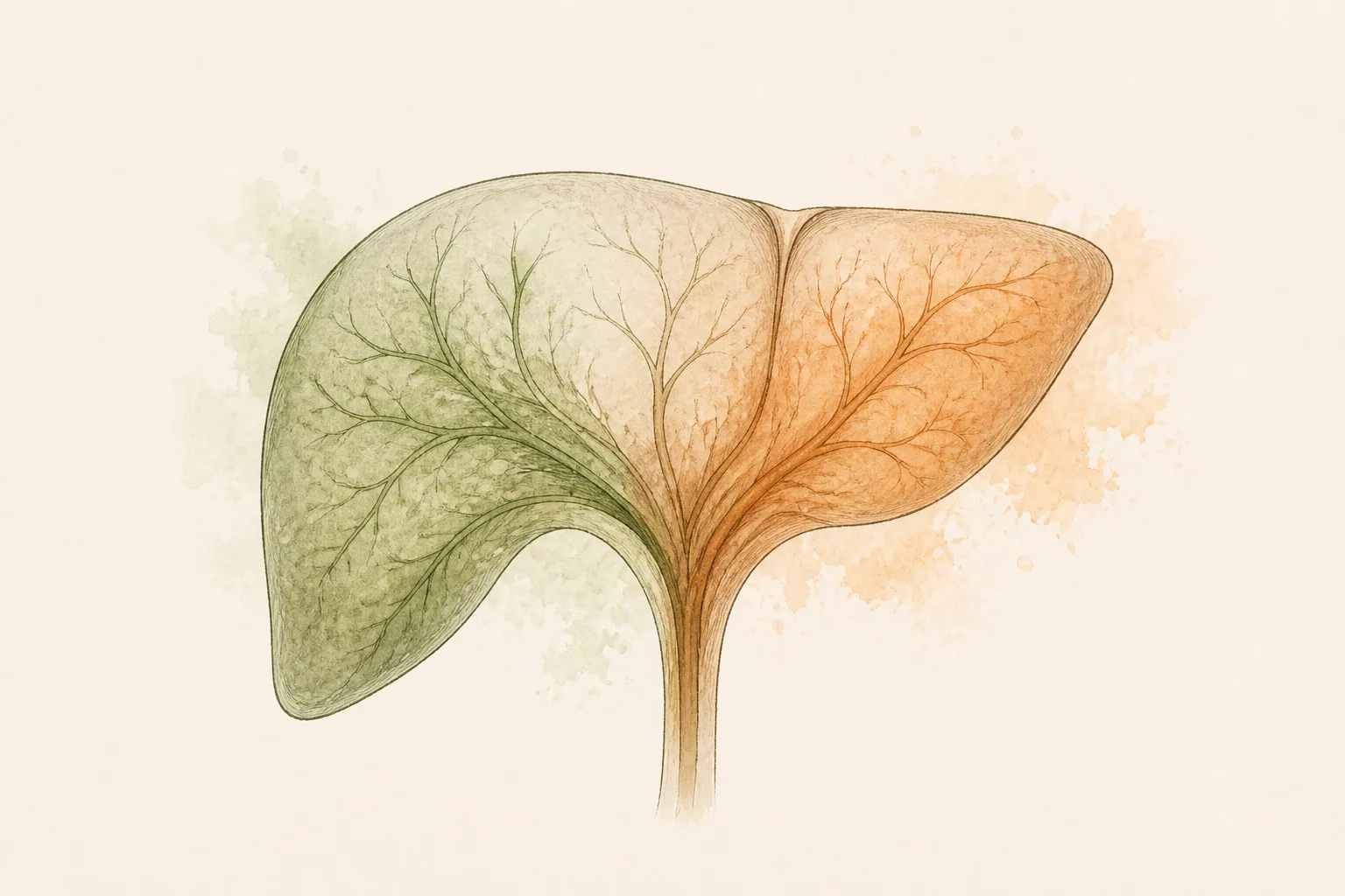 Ilustração conceitual e estilizada de vias metabólicas hepáticas convergindo, sugerindo duas substâncias competindo pela mesma rota de processamento no fígado.