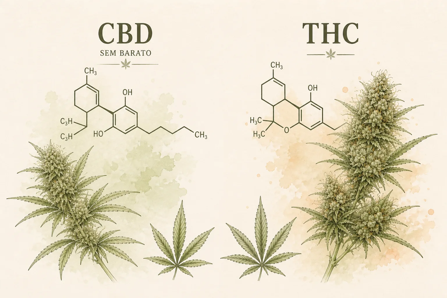 Três frascos esquemáticos com rótulos ISOLADO, BROAD e FULL, o último com marca discreta de THC.