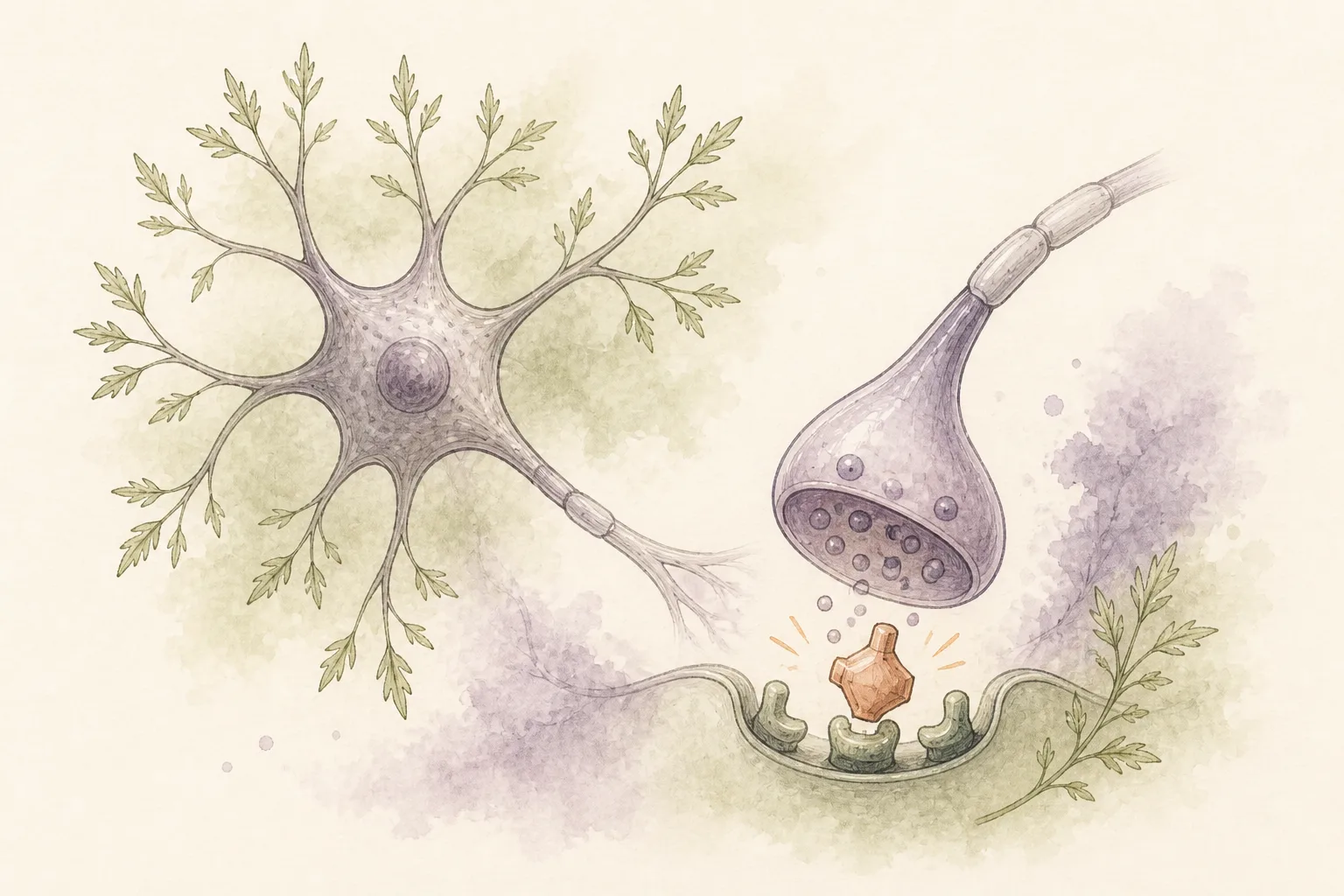 THC e receptor CB1: ilustração esquemática Ilustração em aquarela de neurônio estilizado com dendritos em tom botânico e molécula se encaixando no terminal, sem texto.