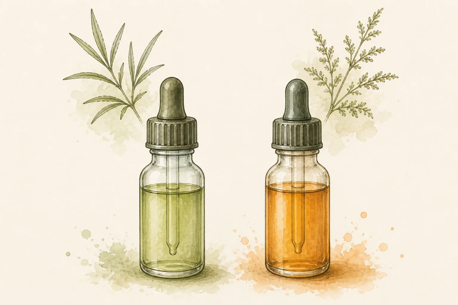 THC e CBD: comparação ilustrada Dois frascos conta-gotas pintados lado a lado, líquidos verde-suave e âmbar, com raminhos botânicos distintos, sem rótulos.